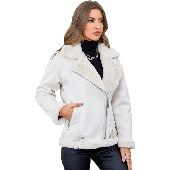 Women Beige Faux Shearling Moto Jacket Thick Lined Winter Leather Coat - Picture 2 of 5